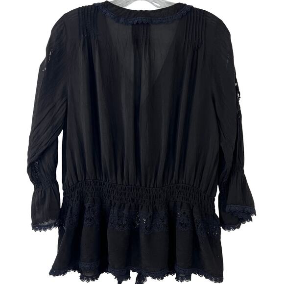 JohnnyWas Women's Sheer Blouse Black Lace Ruffle Neckline Button Down Size Small - Picture 2 of 16